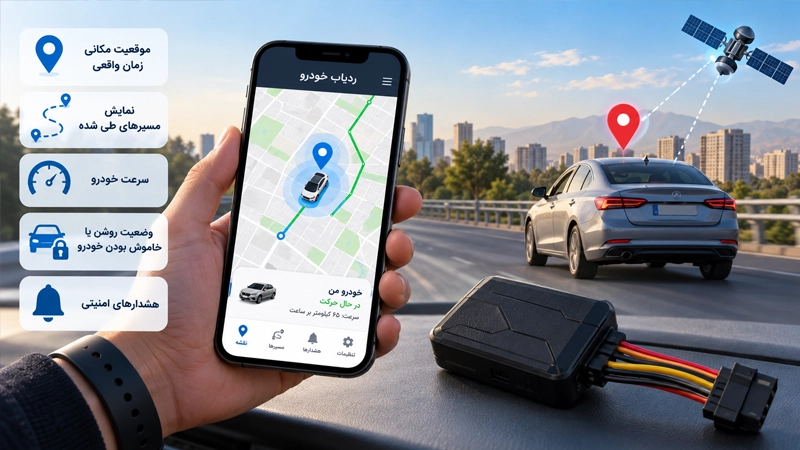 قابلیت‌های ردیاب خودرو شامل موقعیت مکانی، مسیر، سرعت و هشدارهای امنیتی