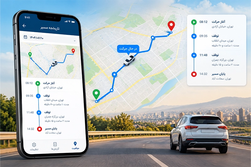 نمایش مفهومی تاریخچه مسیر خودرو روی نقشه با ردیاب GPS و ثبت نقاط توقف